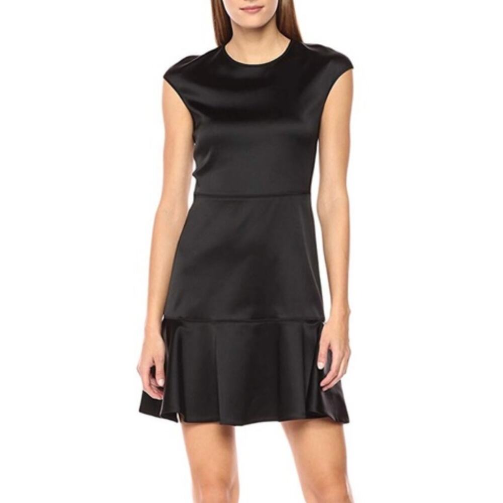 Theory Essential Flare A-Line Dress Black Satin Mini Dress Size 6 Small